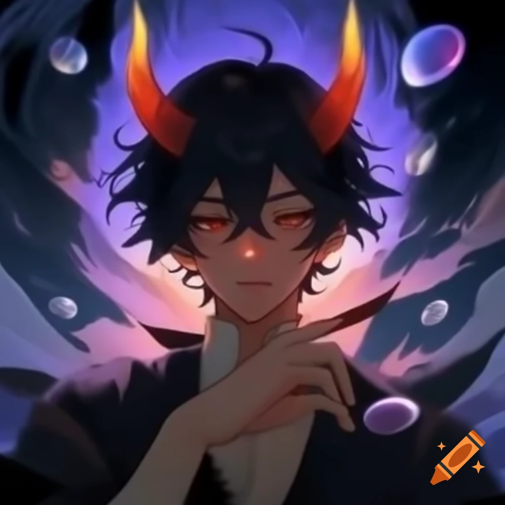 Anime character with horns and spirit orbs floating around