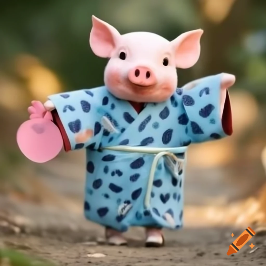 Human with pig head in blue kimono, smiling vegan with animals, Shinkansen in background