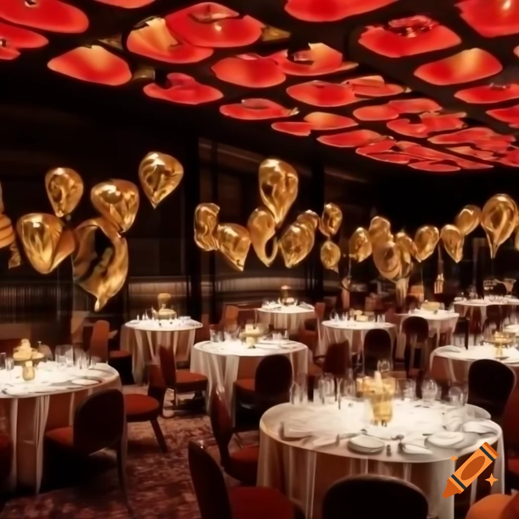 Dining room with six large tables adorned with white tablecloths, candles, and gold confetti