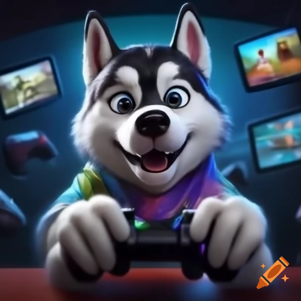 Husky dog playing video games