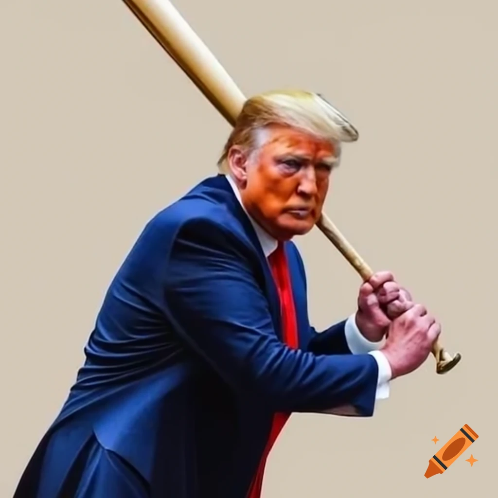 Donald Trump in navy suit swinging baseball bat