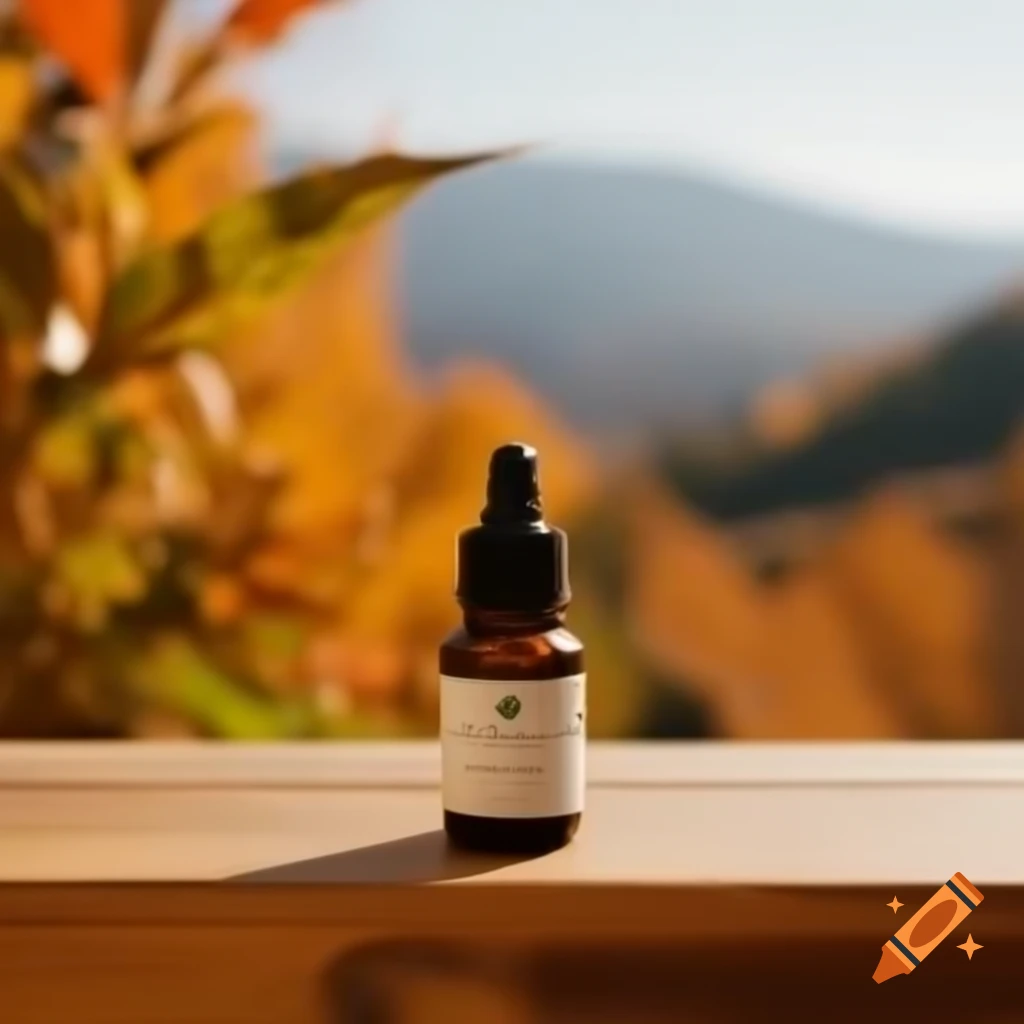 CBD bottle on wooden table with autumn landscape