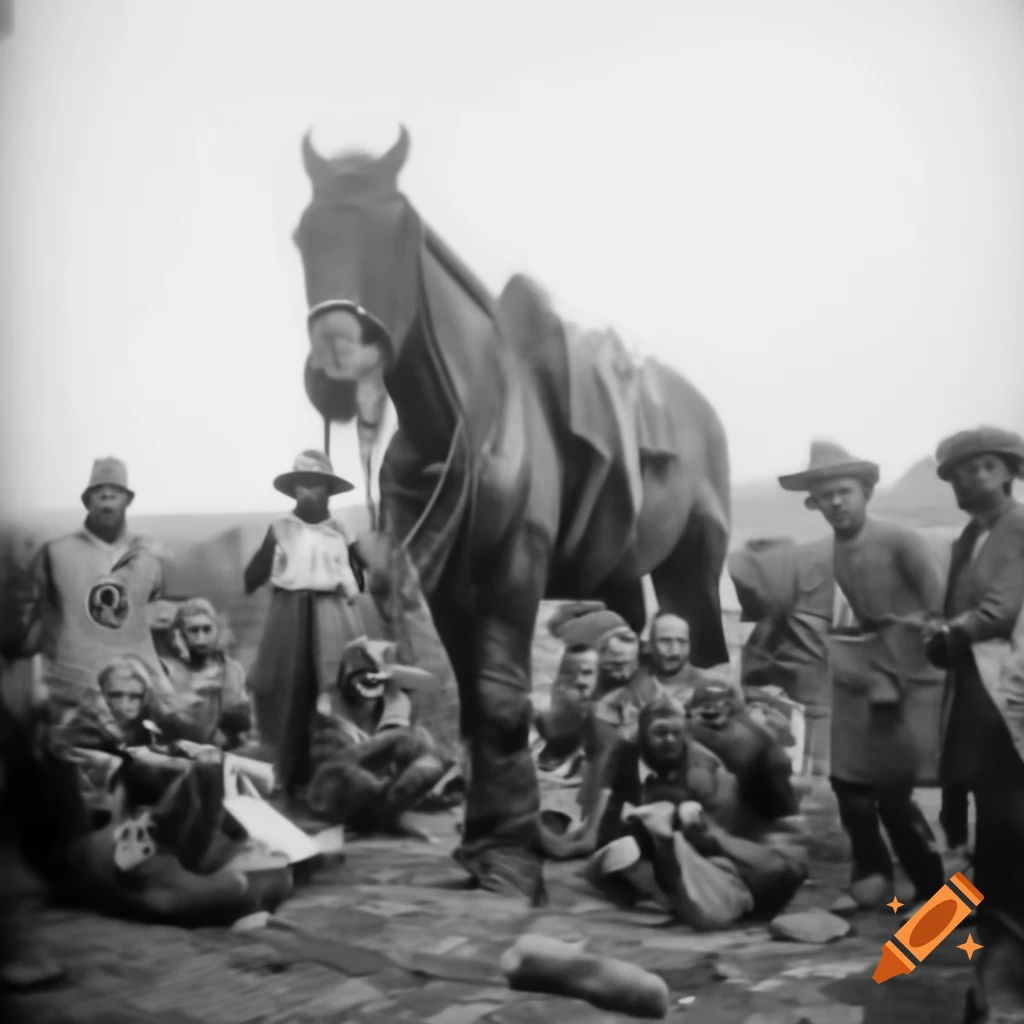 Vintage photo of giant horse surrounded by men, 1855