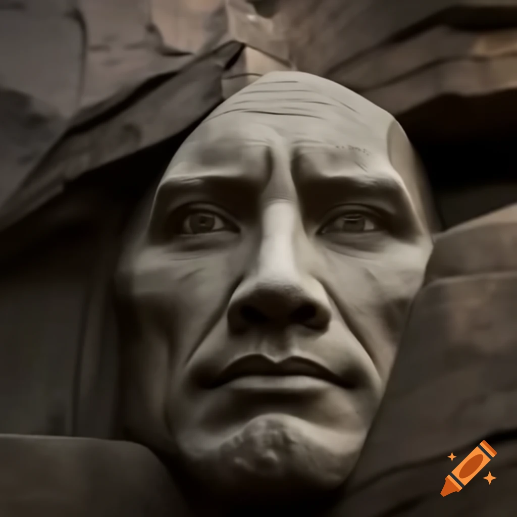 Rugged rock sculpture resembling Dwayne 'The Rock' Johnson