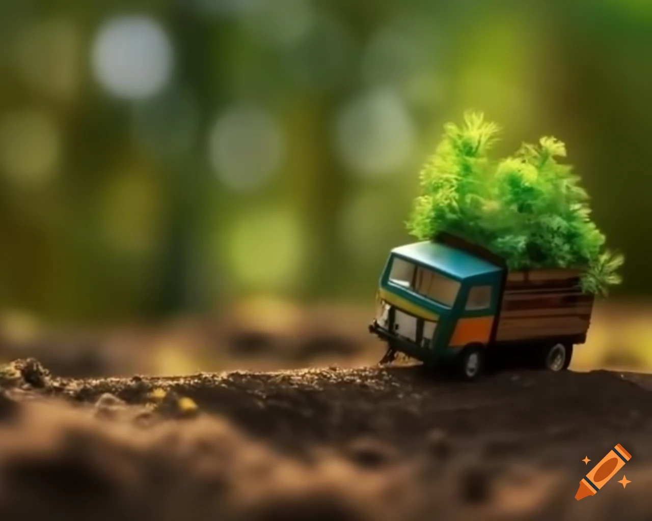 Tiny truck overflowing with lush green foliage creating a miniature oasis