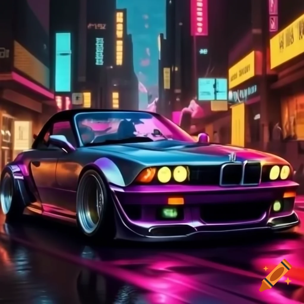 Futuristic 1999 BMW 3 Series convertible with cybernetic elements in vivid neon colors