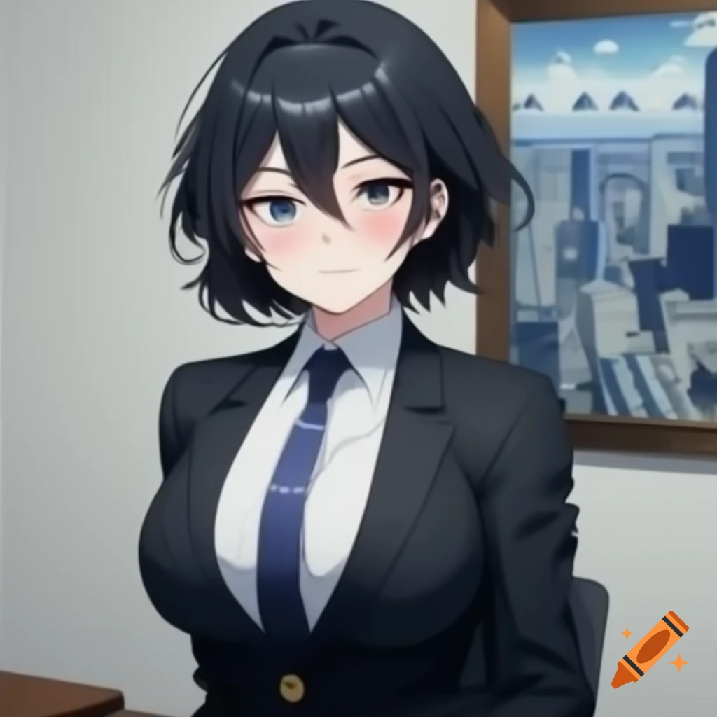 Confident anime girl in professional suit overlooking cityscape