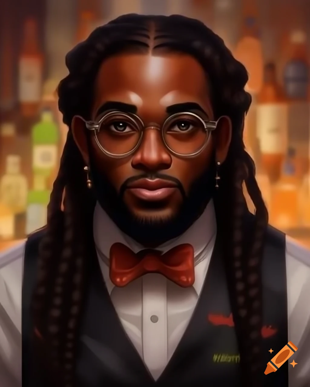 40 year old Black Male Bartender With Round Glasses And Long Braided 