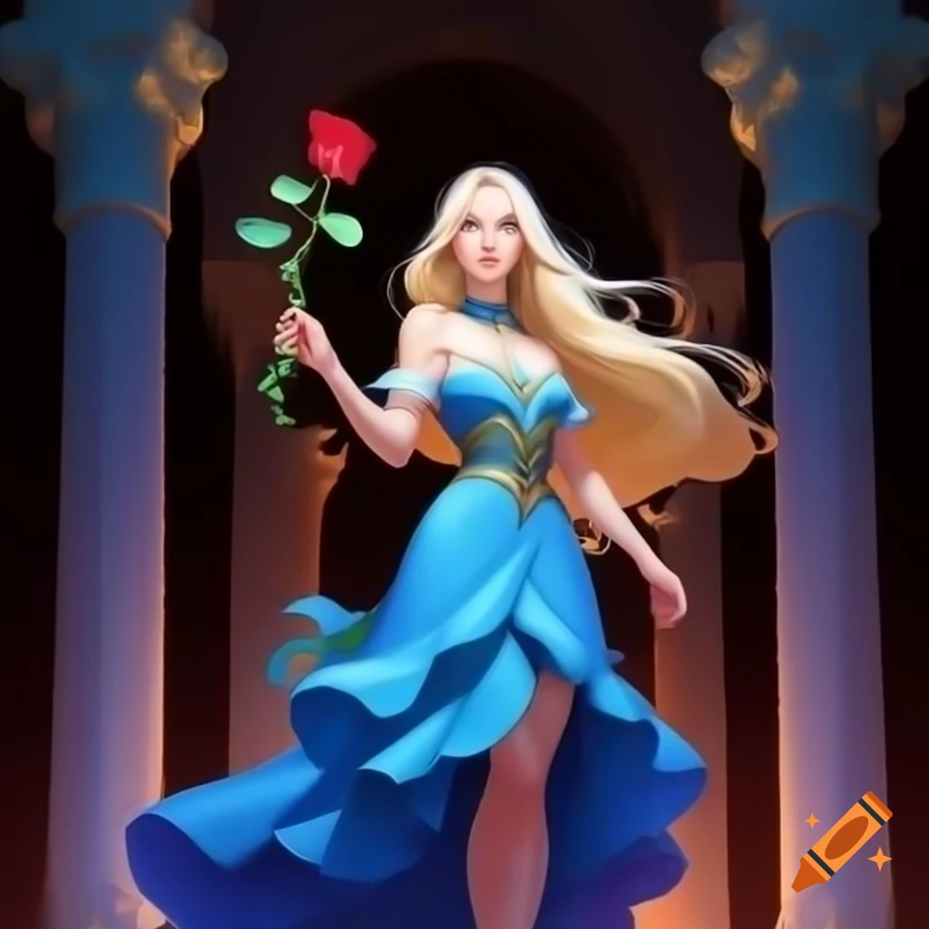 Digital illustration of a woman in flowing dress holding a red rose