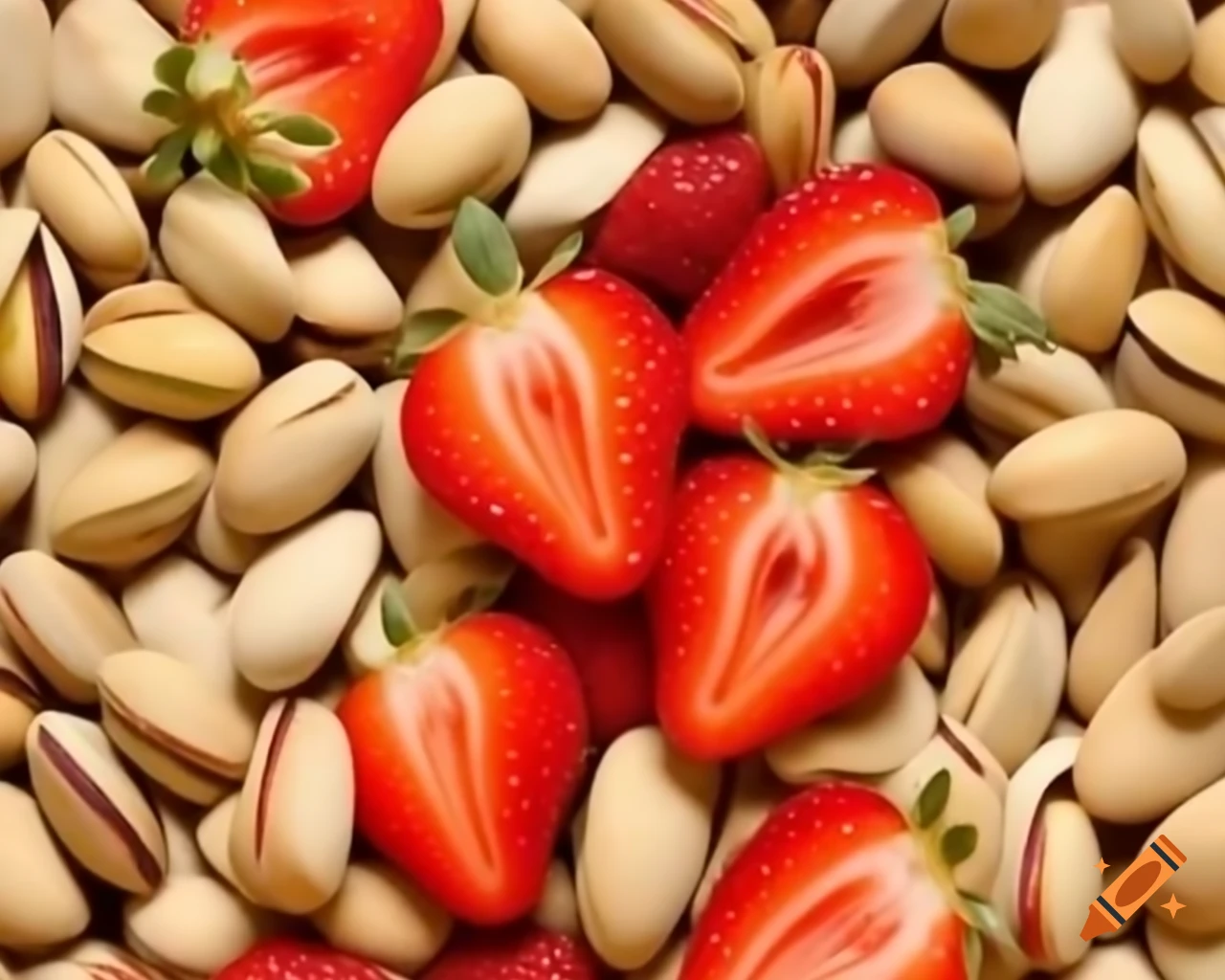 Scattered pieces of broken pistachios and strawberries