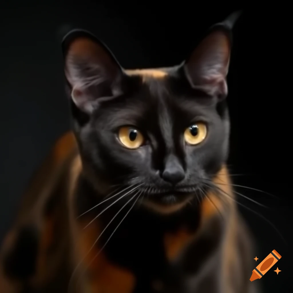 Black and red mackerel tortoiseshell cat with short fur and amber eyes