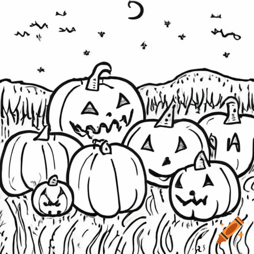 Black and white line drawing of pumpkin patch with unique-faced pumpkins in moonlit field