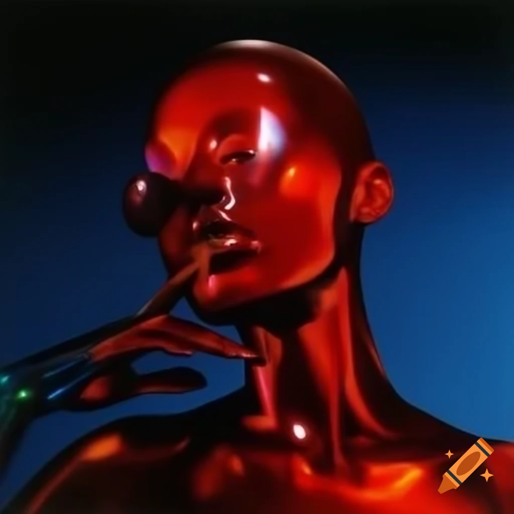 Pop surreal photography featuring iridescent red glass statue