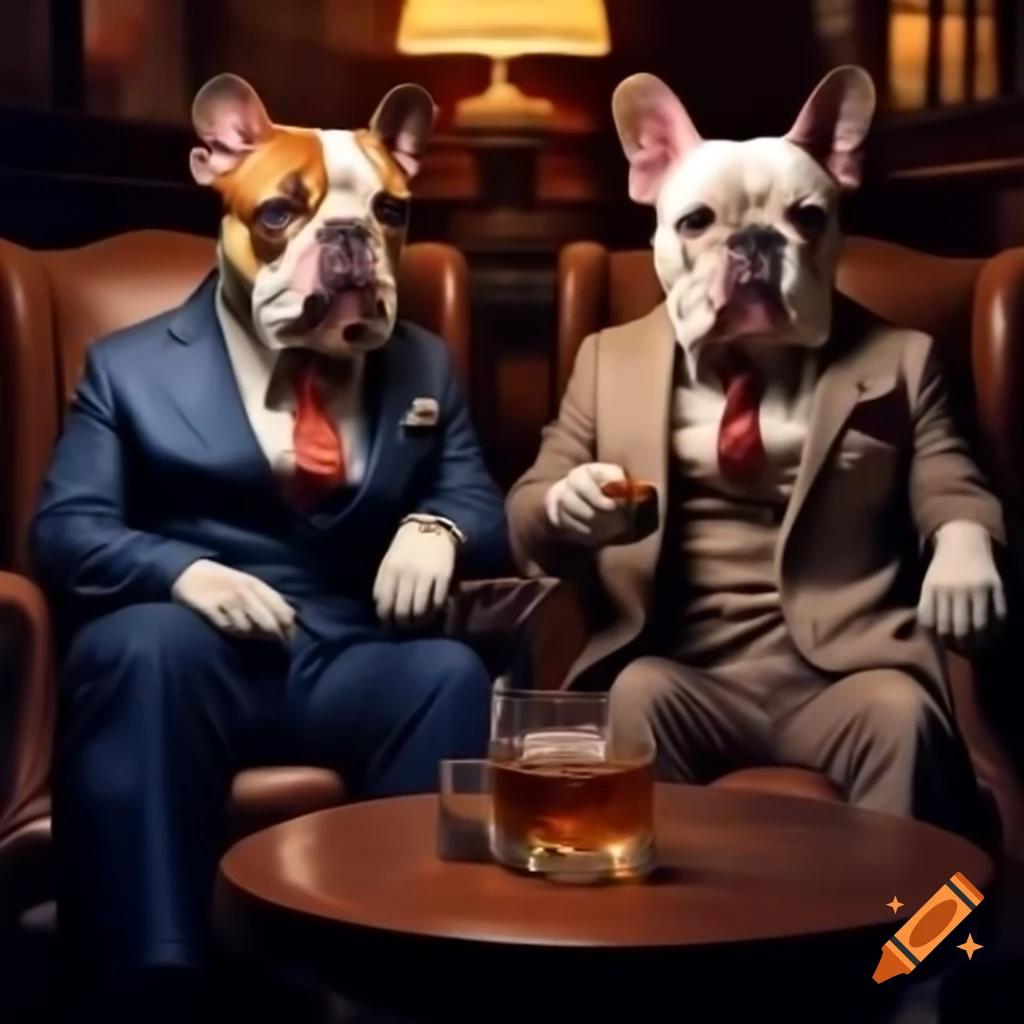 Two elderly bulldogs in suits sitting in chairs with whiskey on the table