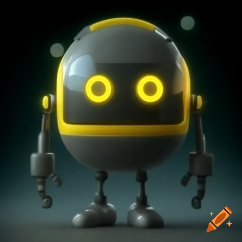 3D character mascot of a rounded robot with a coin-like head and expressive digital eyes