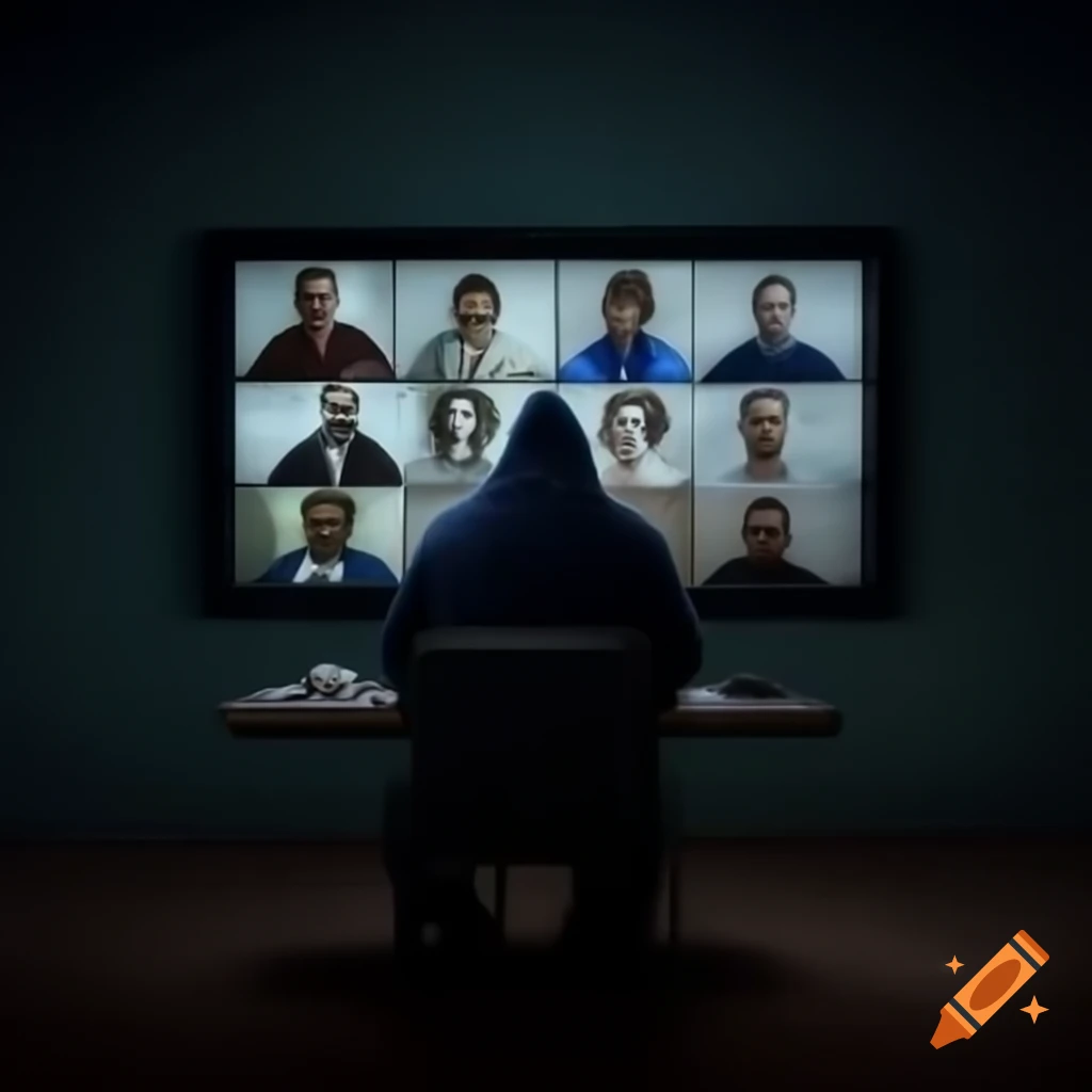 Mysterious figure behind screen depicting friendly team meeting