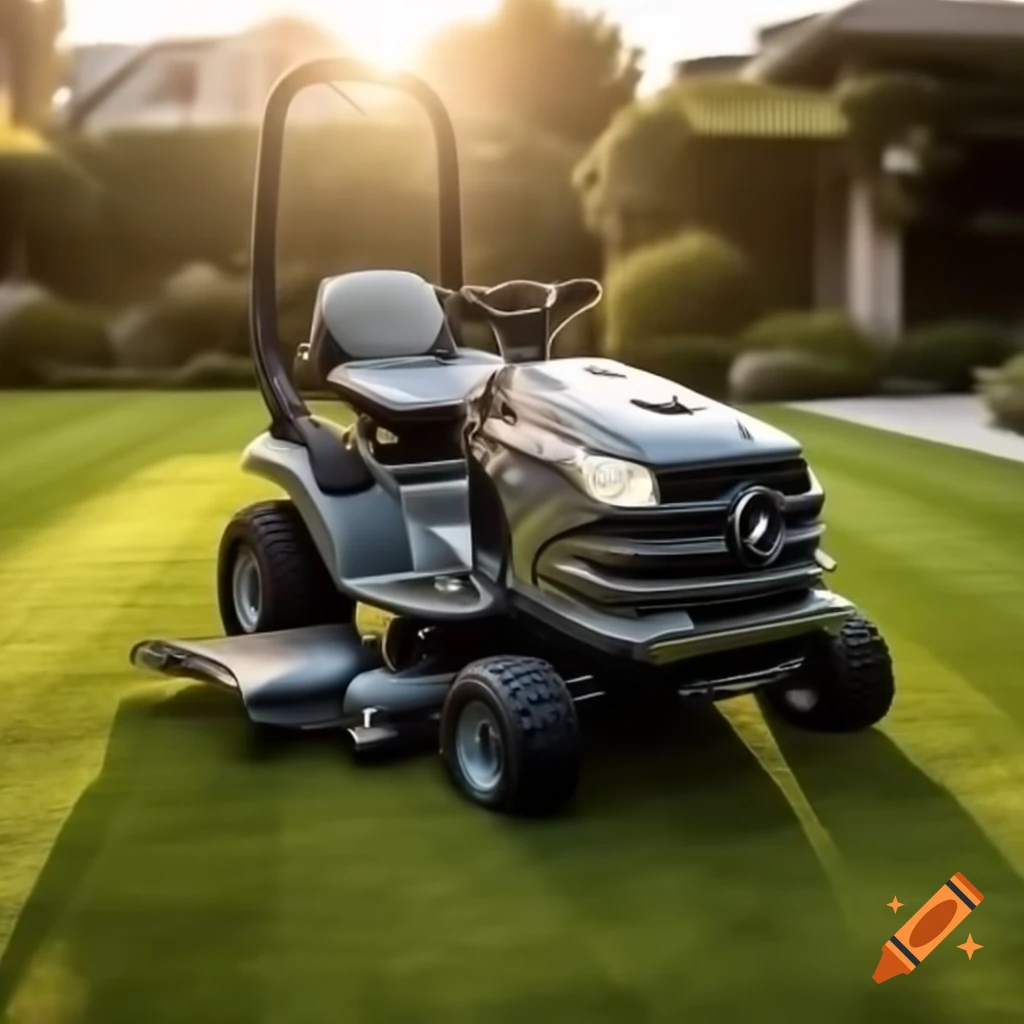 Mercedes-inspired garden lawnmower shining in afternoon sun