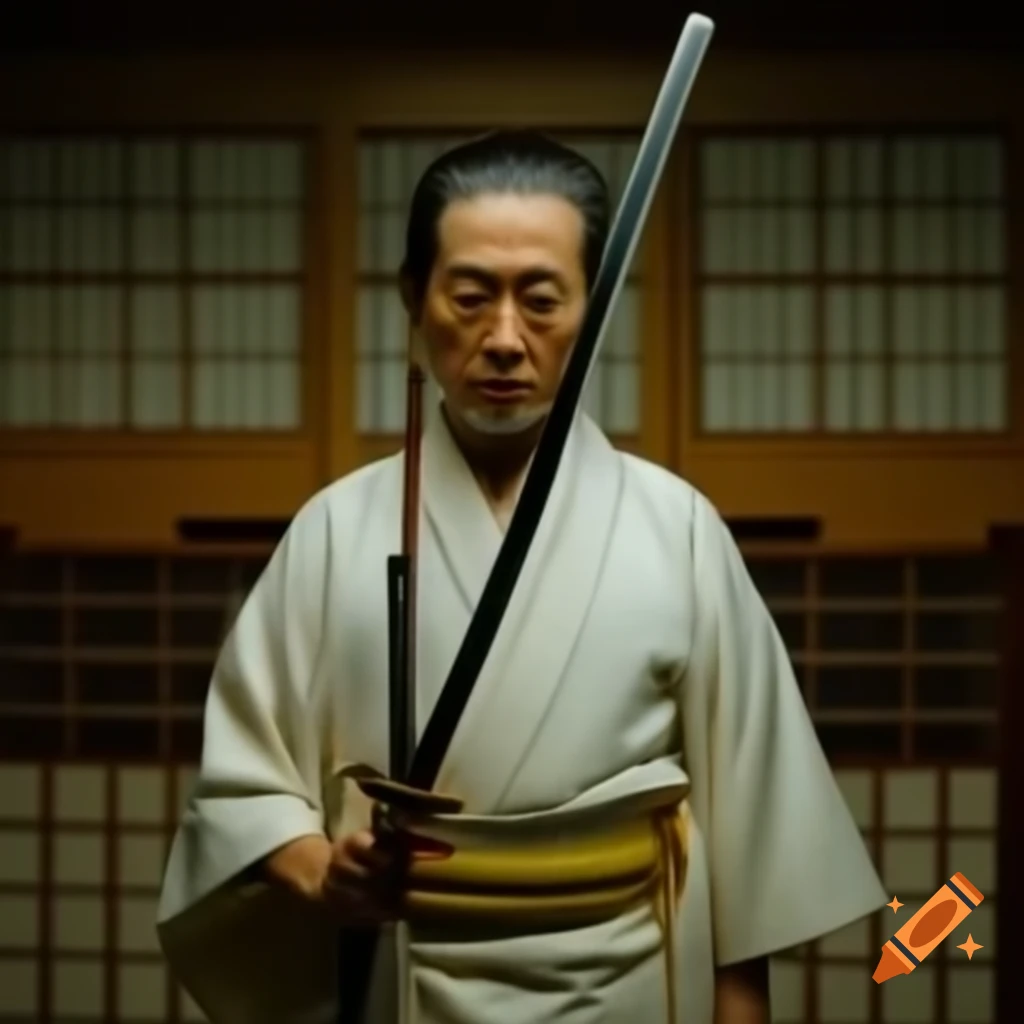 Samurai in white kimono with katana and yellow scarf