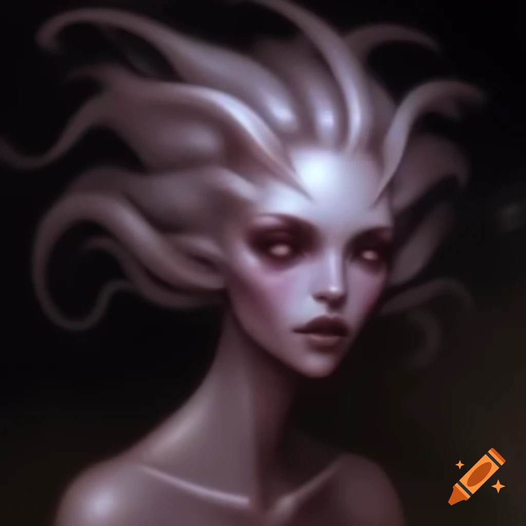 Otherworldly figure with flowing tendril-like hair and delicate beauty