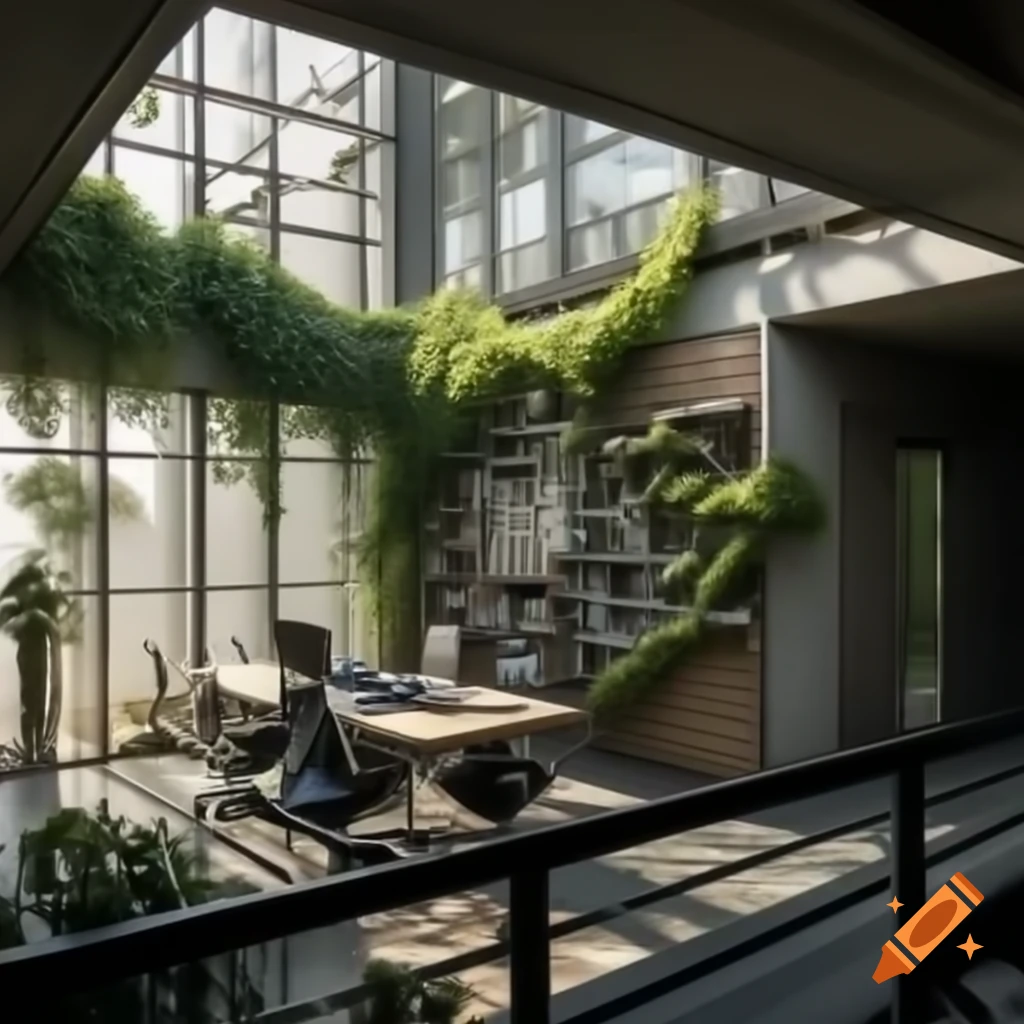 Brutalist office space with natural light and glass panels adorned with vines