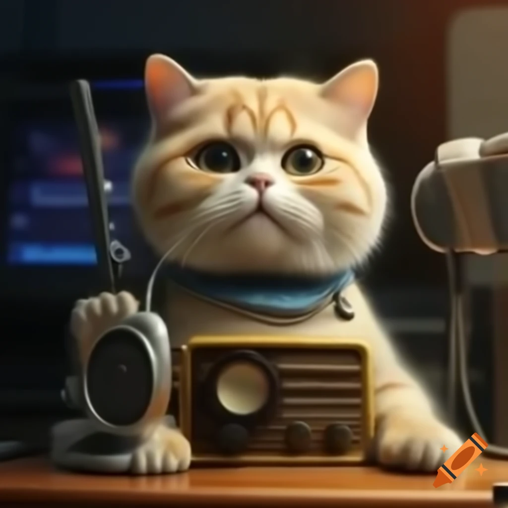 Torti cat beside radio in anime style