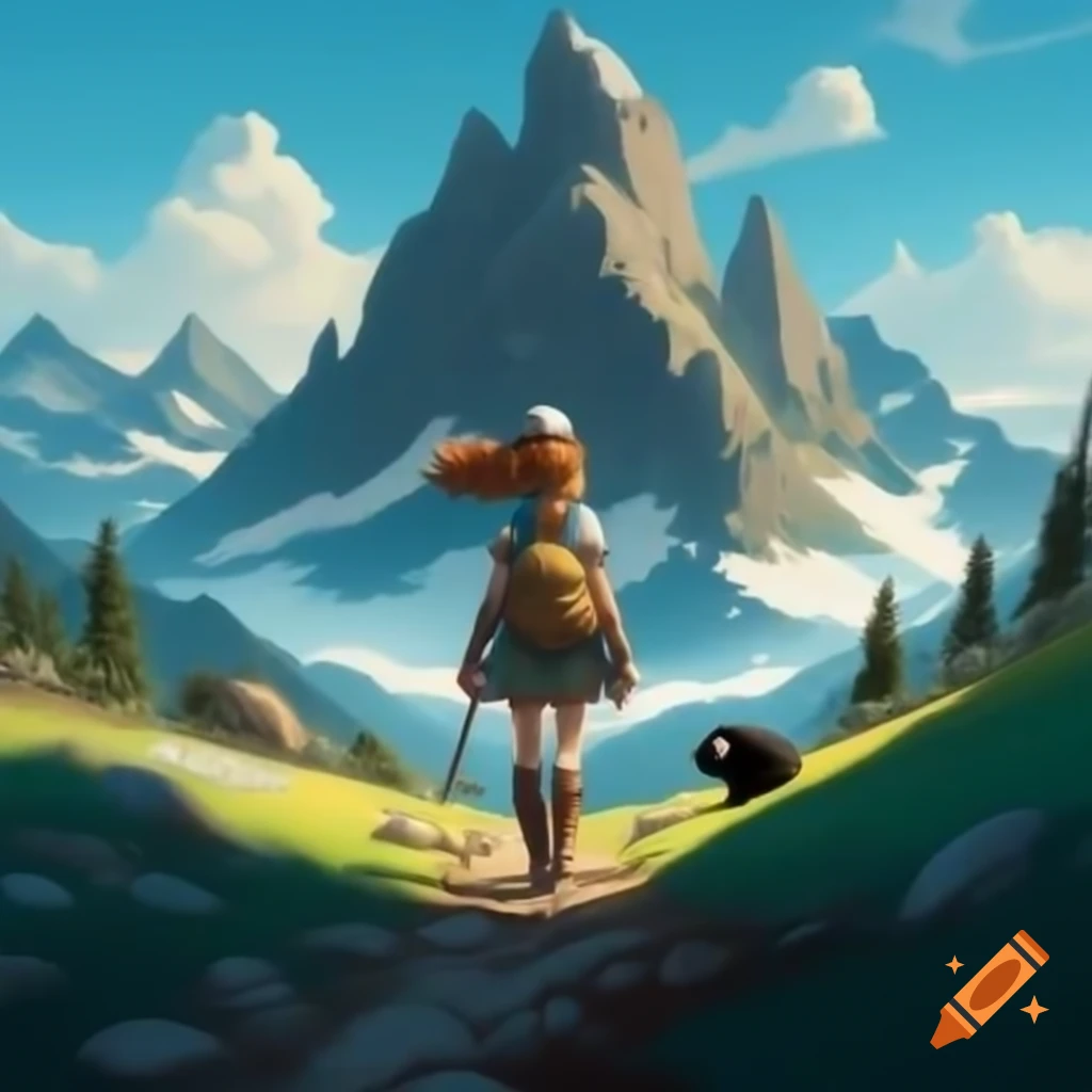 Young woman walking on mountain path with distant black bear