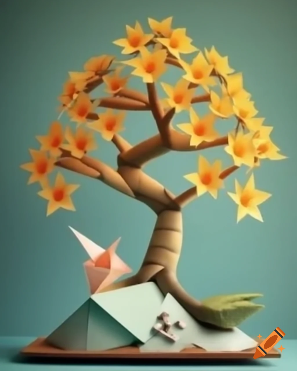 Origami bonsai tree with flowers in papercraft style