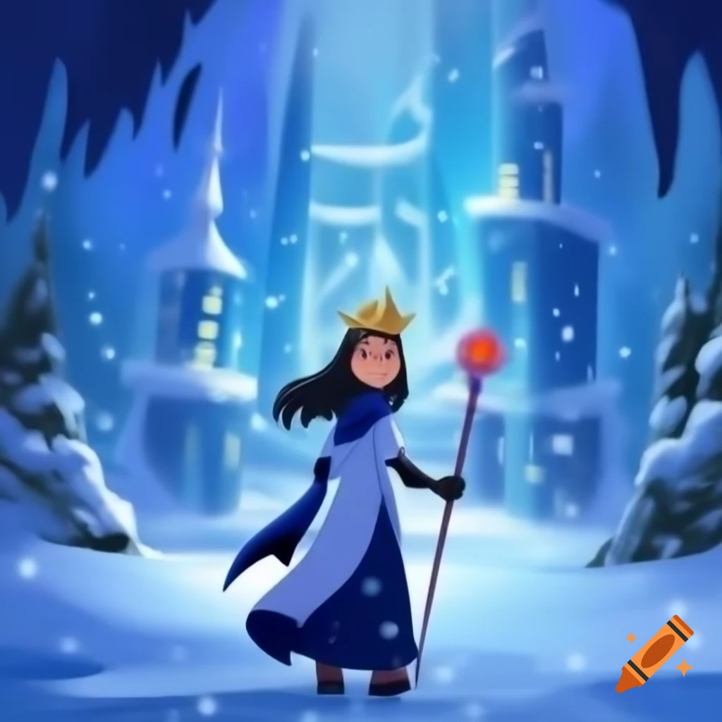 Majestic queen with scepter in snowy winter wonderland
