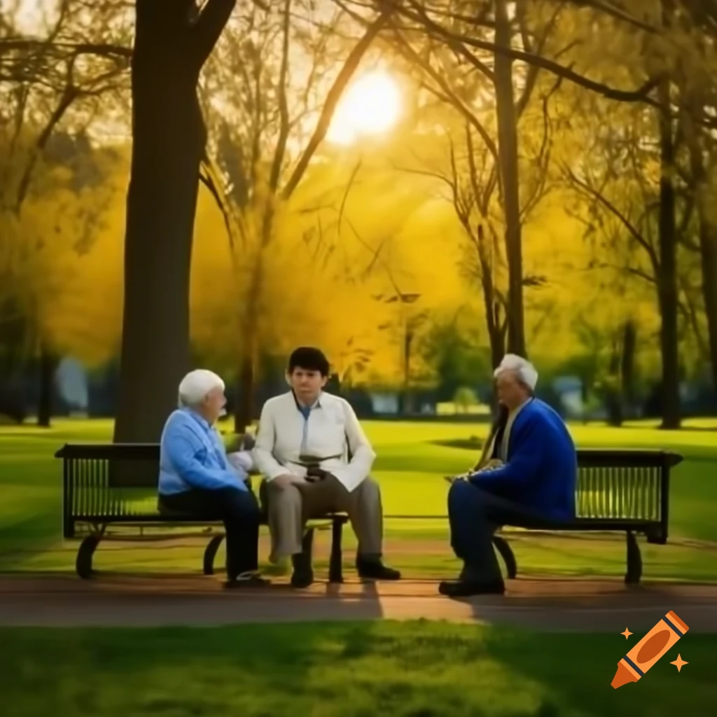 Seniors engaged in intense conversation on a park bench in spring with vibrant colors