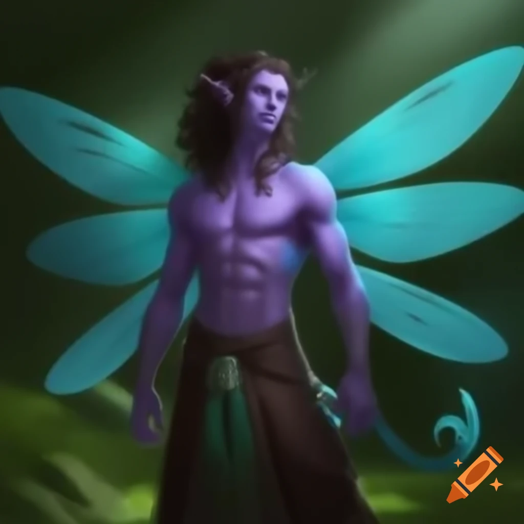 Male sylph character with long curly cerulean hair and grand bioluminescent dragonfly wings