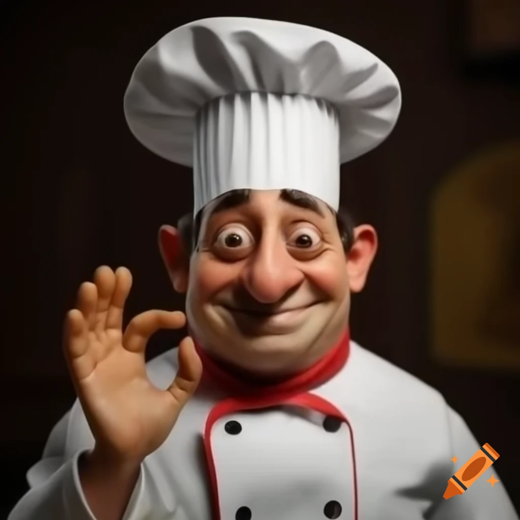 Cartoon chef showcasing his hand in a playful manner