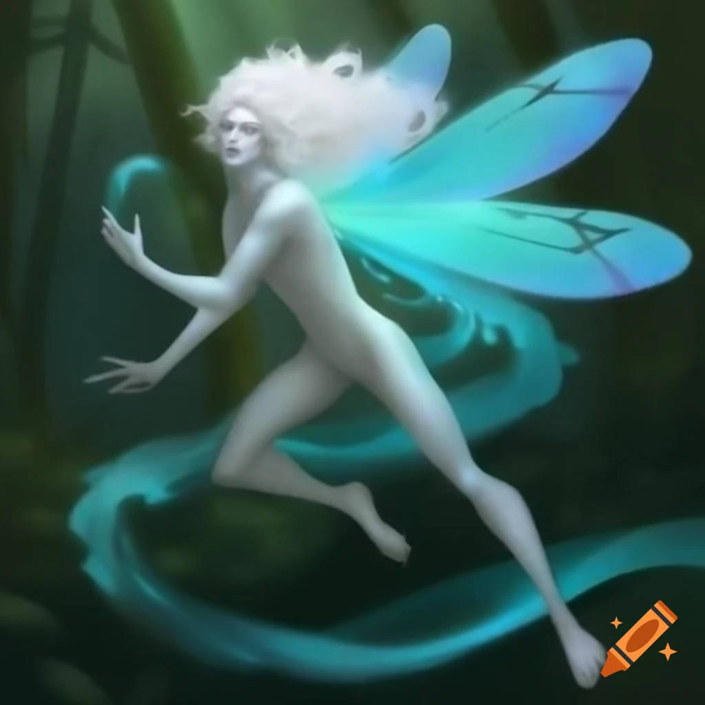 Androgynous figure with dragonfly wings and flowing white hair