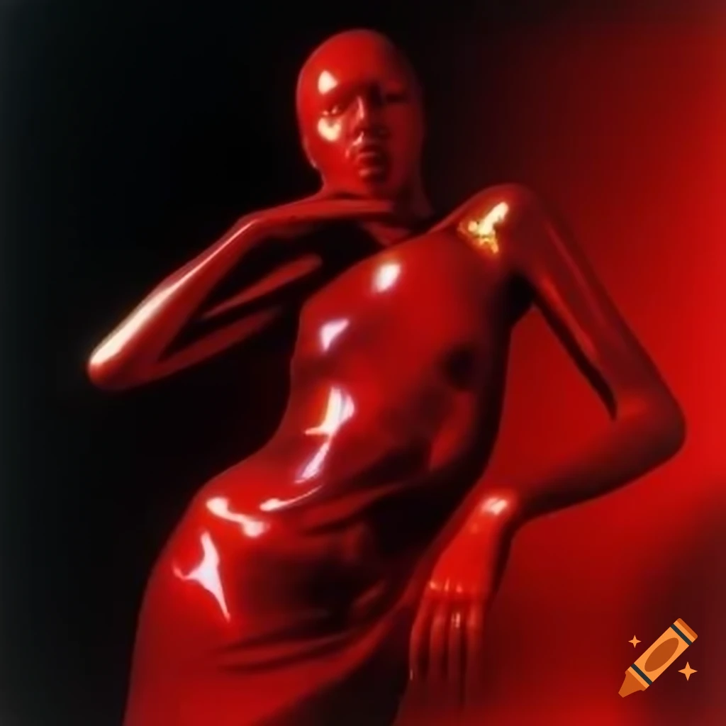 Iridescent red glass statue in pop surreal 2000's photography style