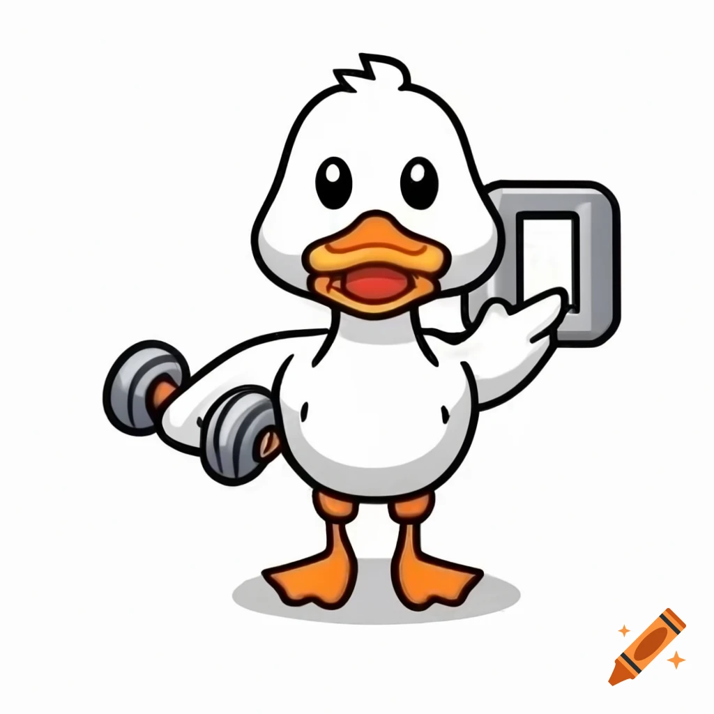 Cute duck lifting gym bar and making a funny expression