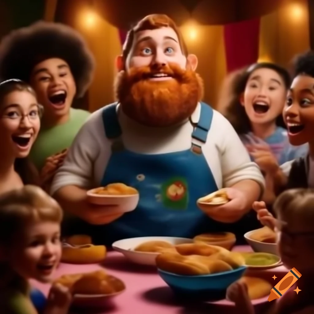Cartoon hillbilly with friends holding snacks at a party