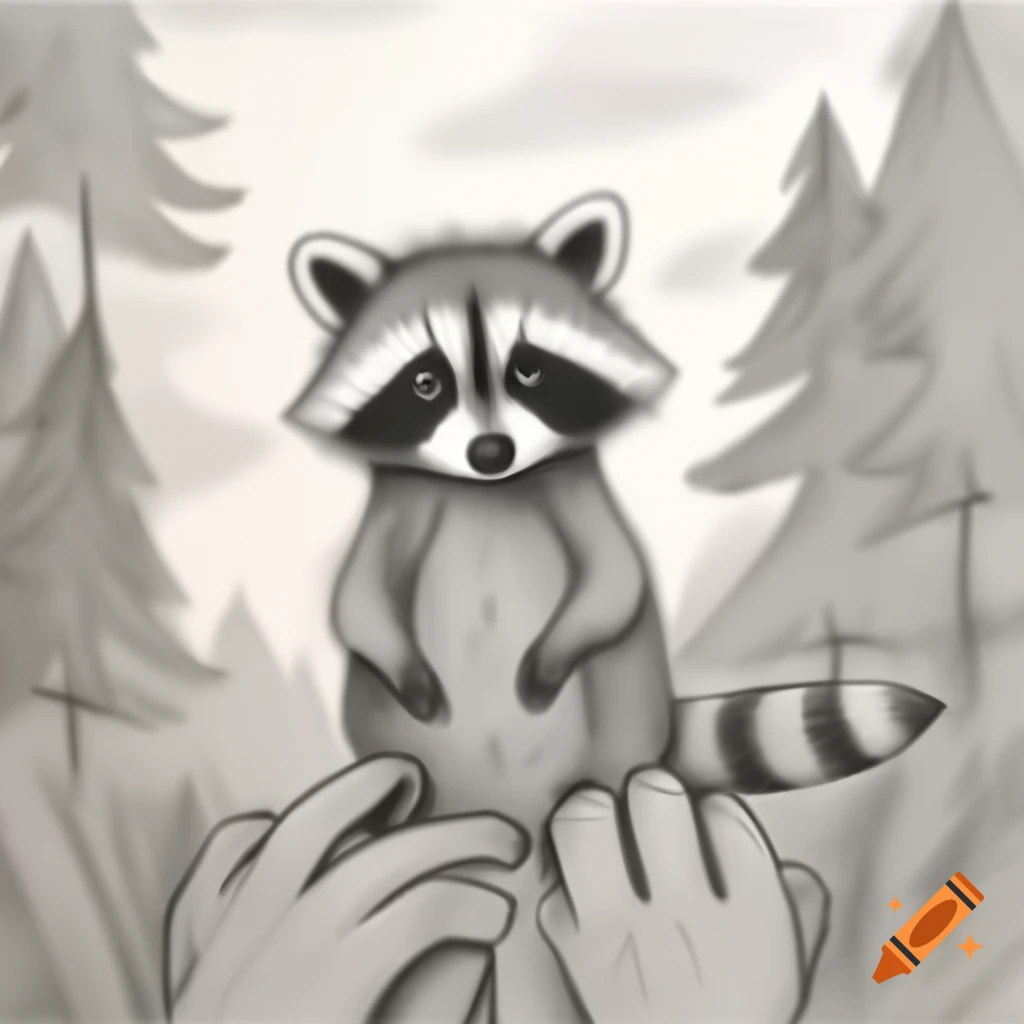 Pencil drawing of raccoon holding flower in forest at sunset