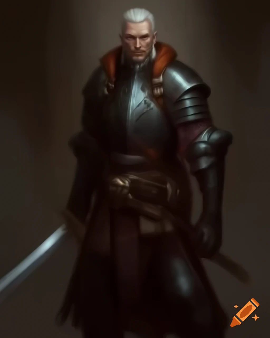 Strong man in dark armor holding shining broadsword in epic medieval setting, Pathfinder style