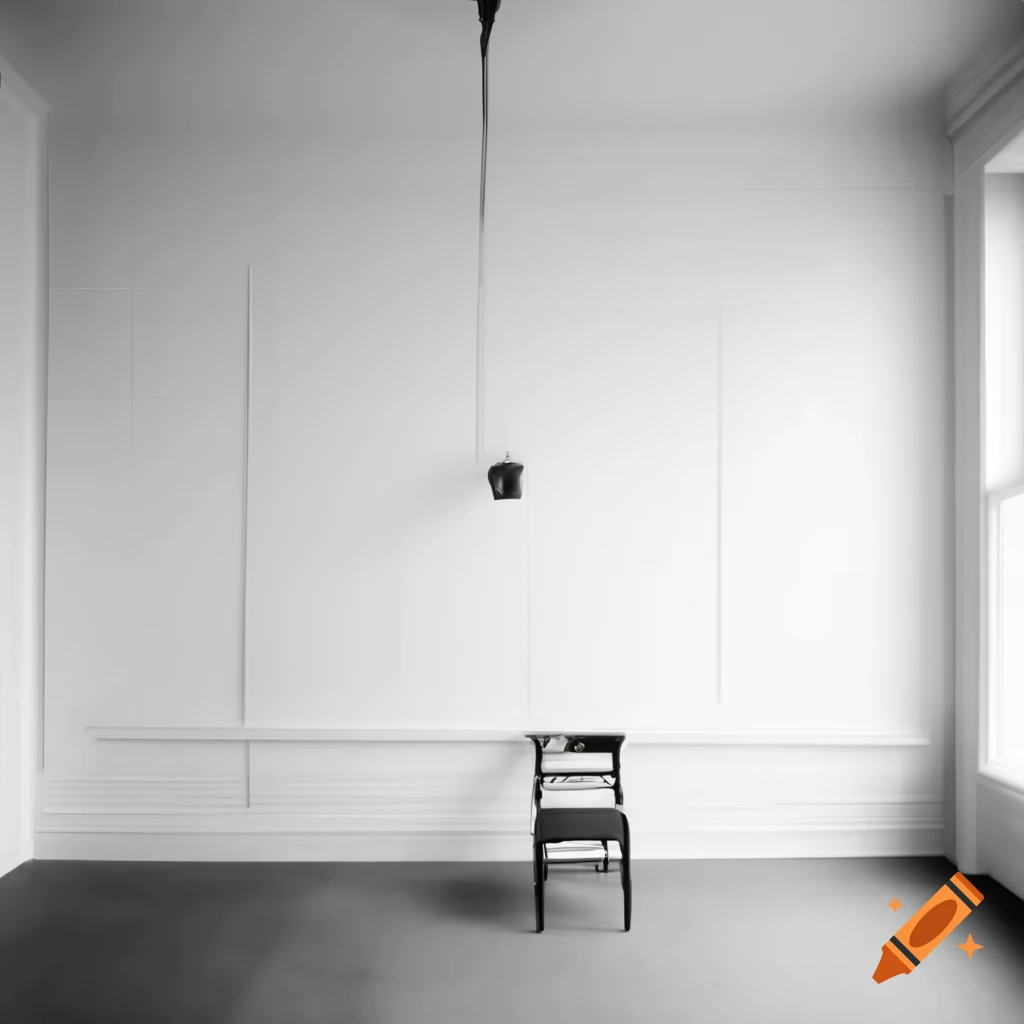 Minimalist white room with central chair and overhead light