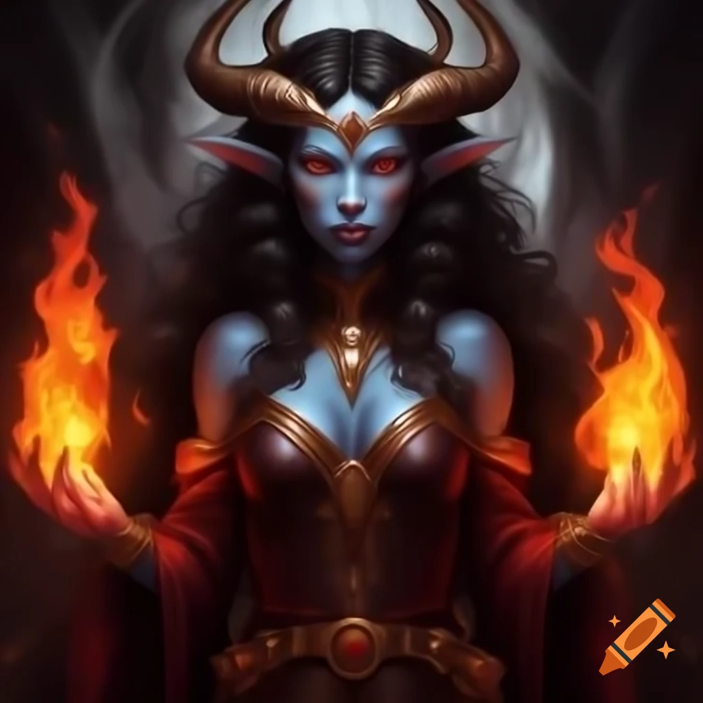 Red tiefling sorceress casting a spell with magical flames