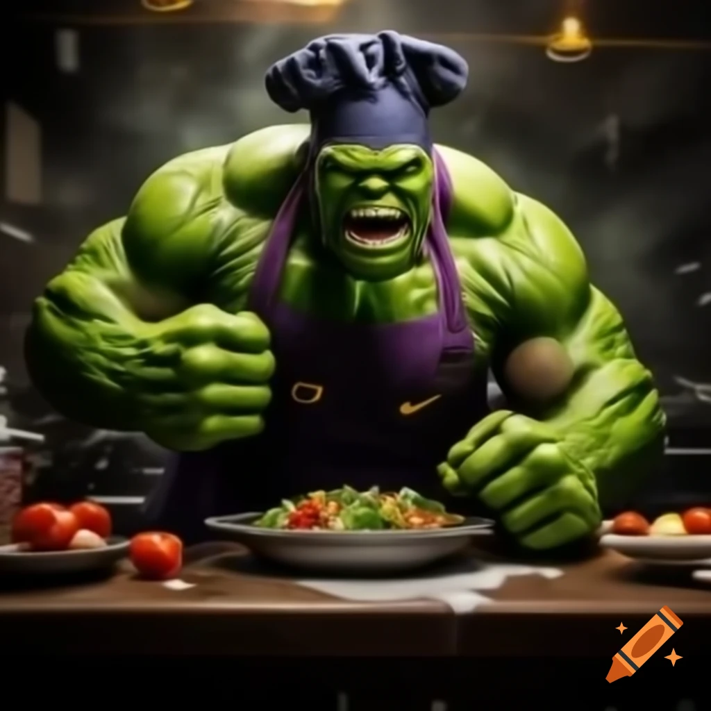 Caricature of muscular Hulk chef punching broken table with salad