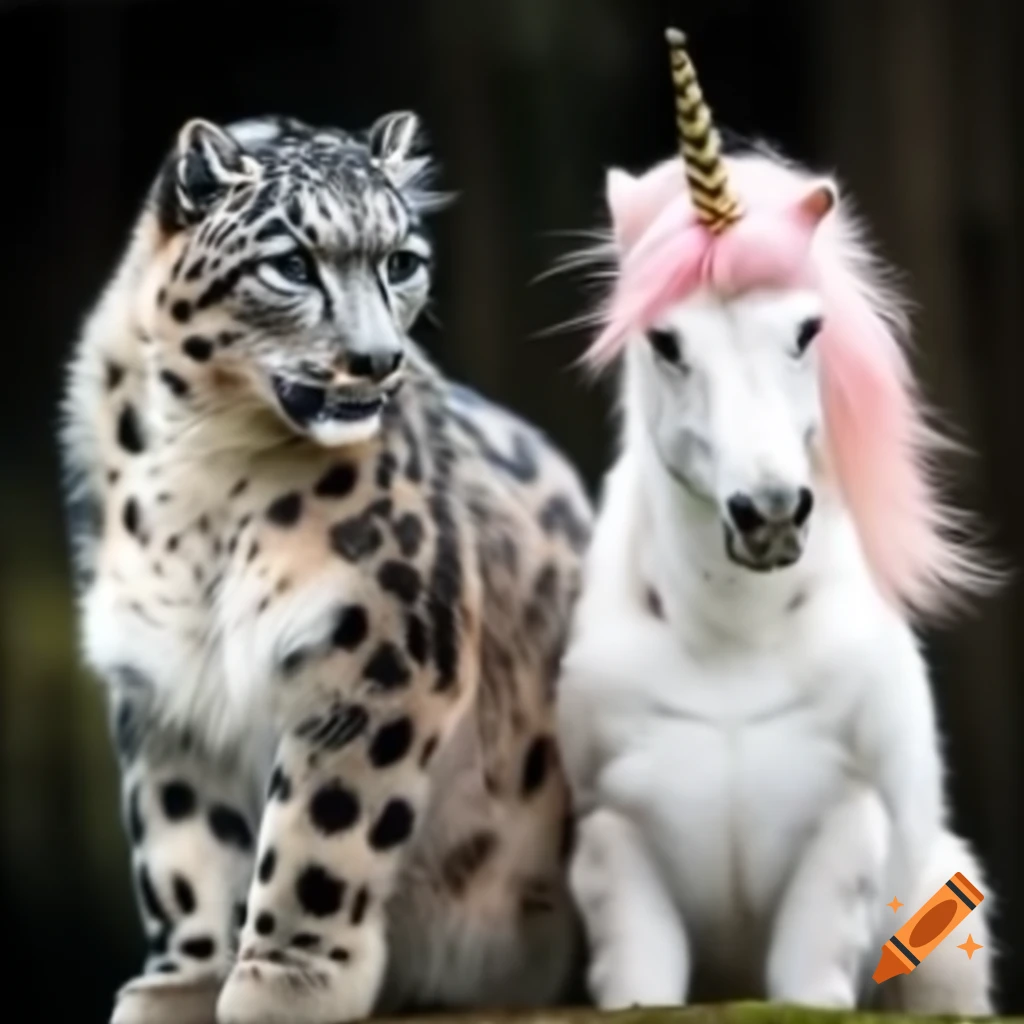 Snow leopard and unicorn standing side by side