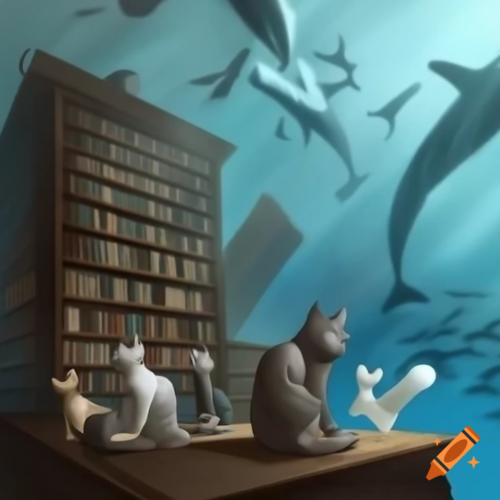 Chaotic cats in dusty library chasing thought birds, whales of knowledge swimming in digital ocean