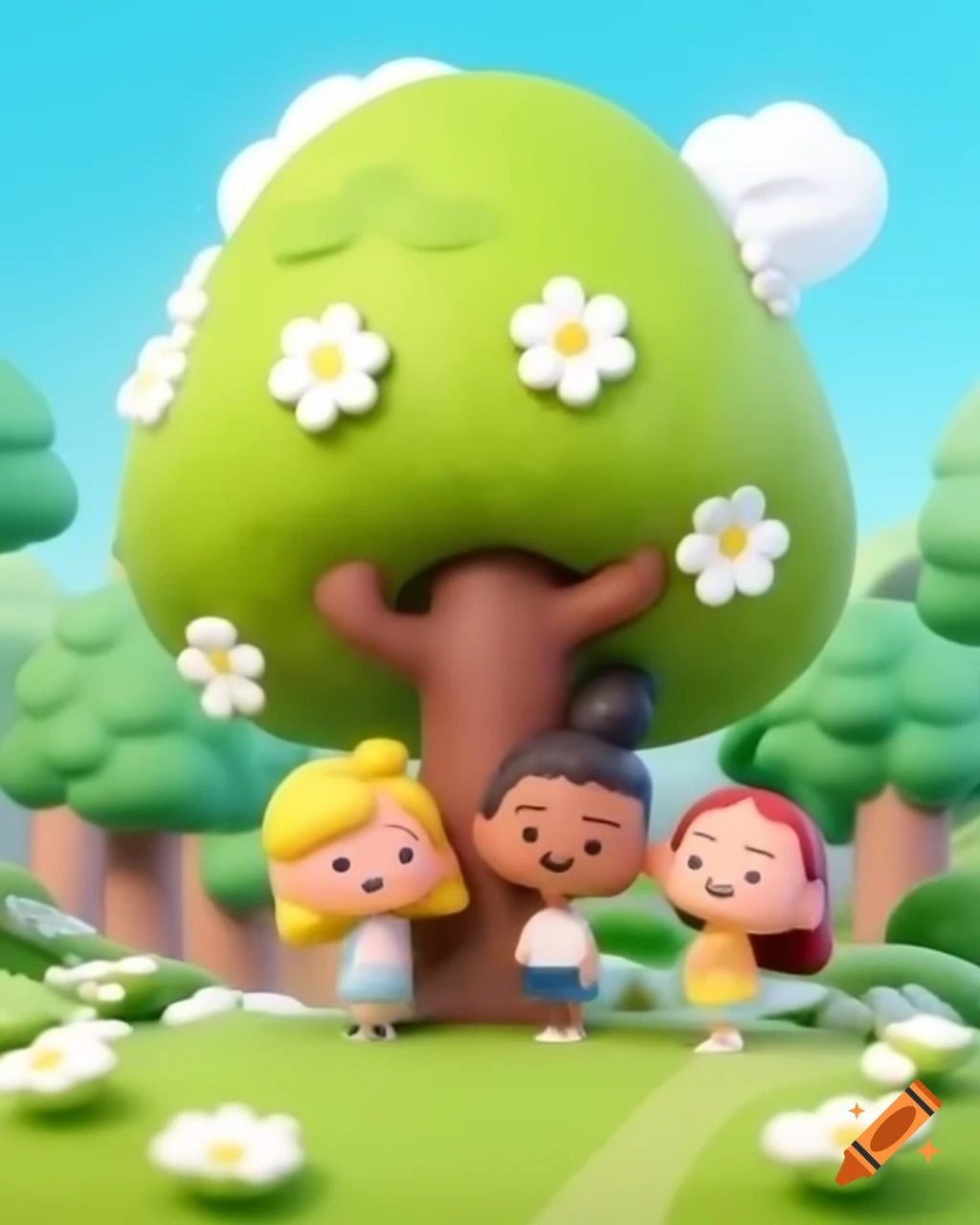 Kawaii 3D animated kids heading towards tree with white flowers in park