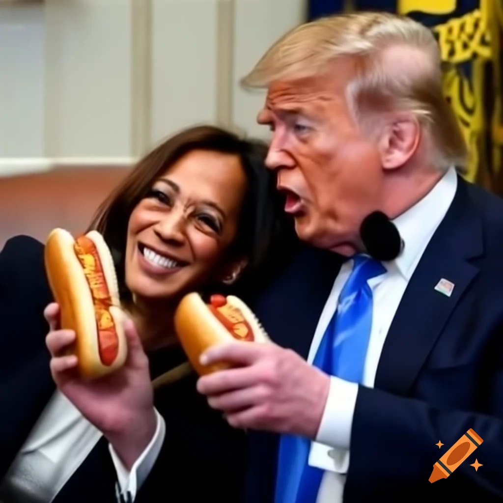 Kamala Harris and Donald Trump enjoying hot dogs