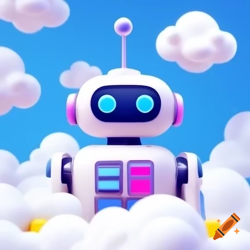 Cartoon robots among fluffy clouds on Craiyon