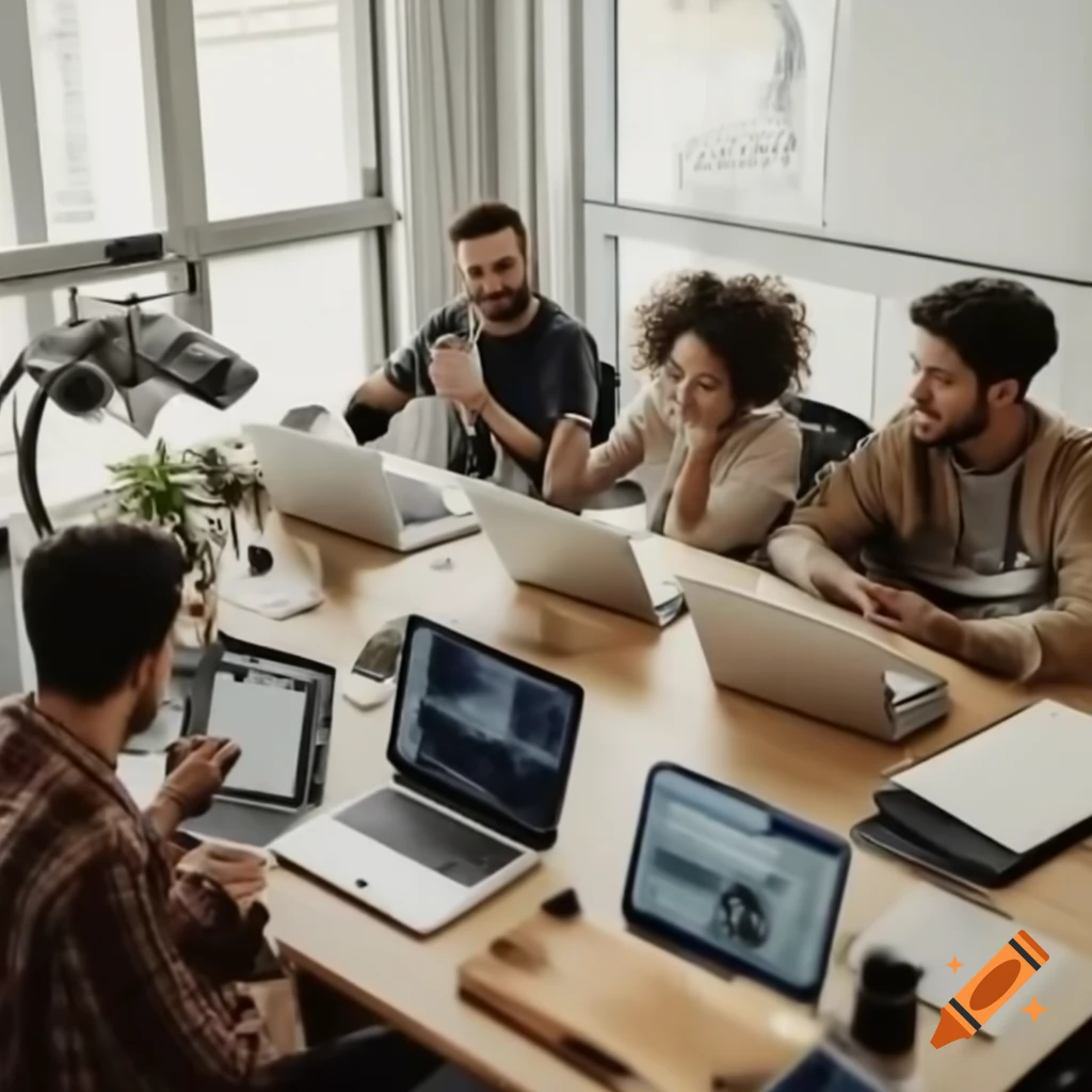 Startup environment with young team members and tech devices, fostering innovation