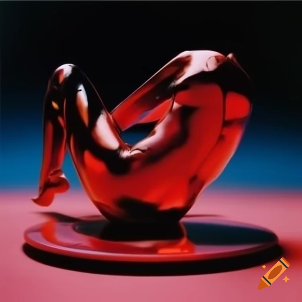 Pop surrealism photography featuring iridescent red glass statue