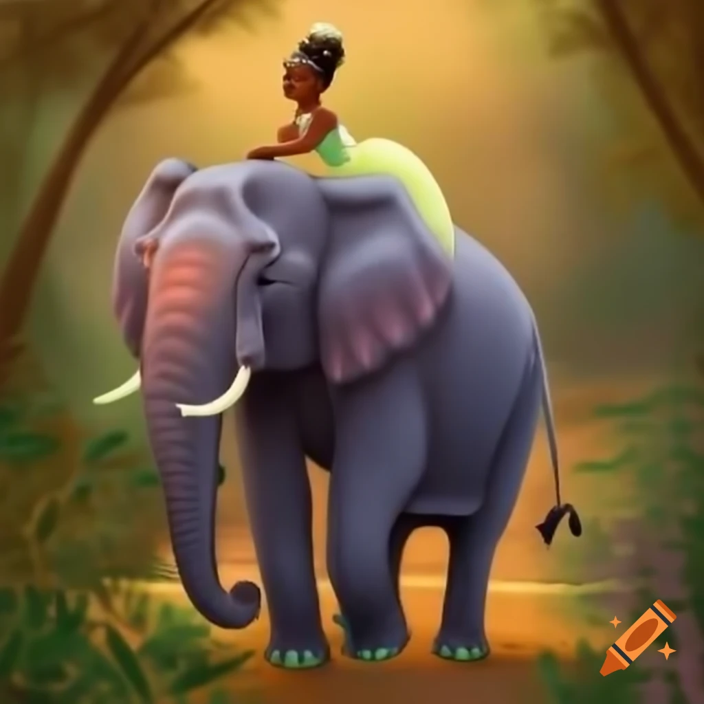 Elephant with Princess Tiana in a colorful scene
