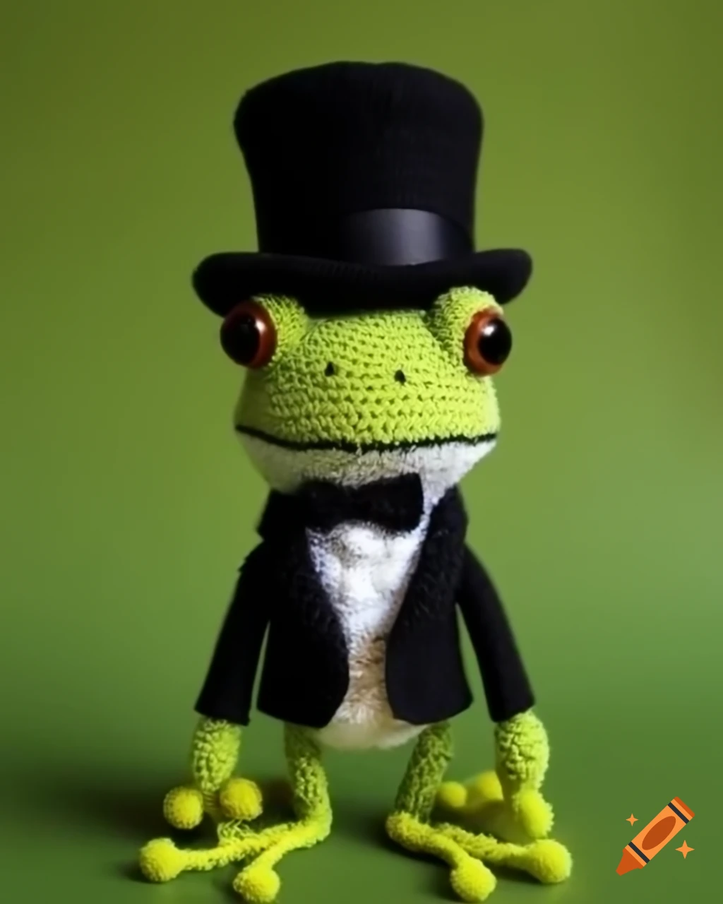 Amigurumi frog wearing a black hat and tuxedo
