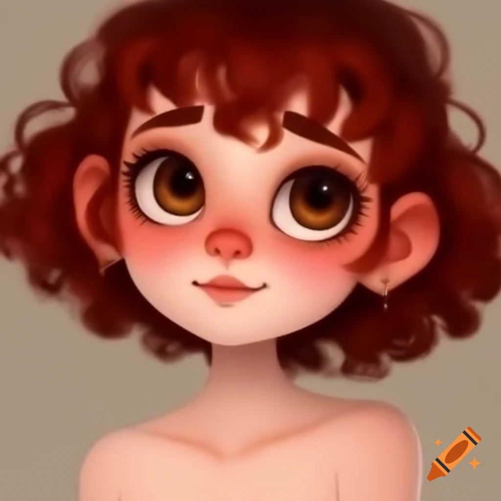 Cartoon-style depiction of a cute woman with brown eyes and dark red curly hair